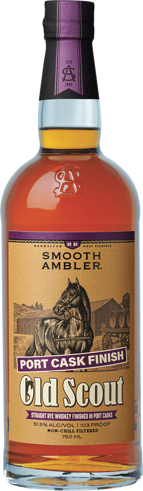 Smooth Ambler Old Scout Port Cask Finish Straight Rye Whiskey Bottle